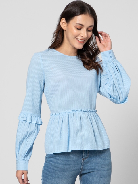 

Vero Moda Blue Self Design Round Neck Cinched Waist Top