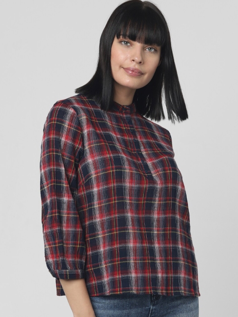 

Vero Moda Navy Blue & Red Checked Mandarin Collar Shirt Style Top