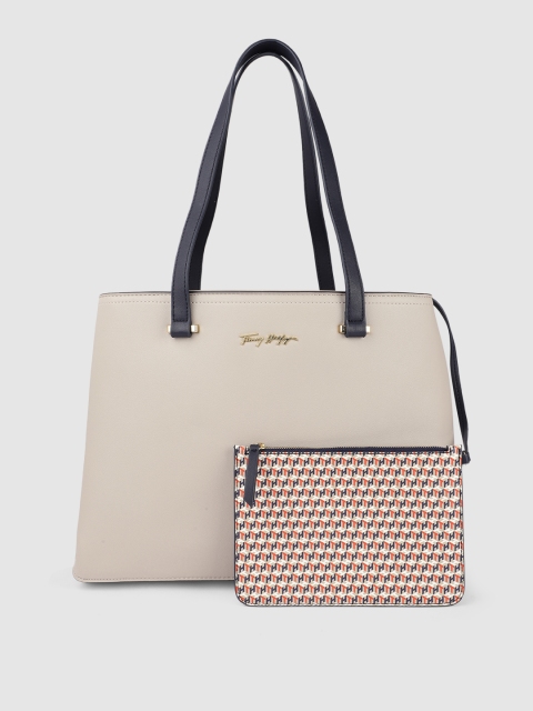 

Tommy Hilfiger Grey Solid Structured Handheld Bag With Pouch