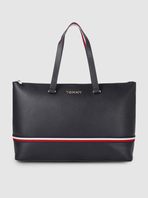 

Tommy Hilfiger Desert Sky Blue Solid Oversized Structured Tote Bag with Applique Detail, Navy blue