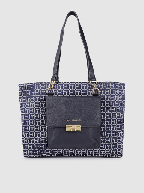 

Tommy Hilfiger Navy Blue & White Logo Jacquard-Weave Oversized Structured Shoulder Bag