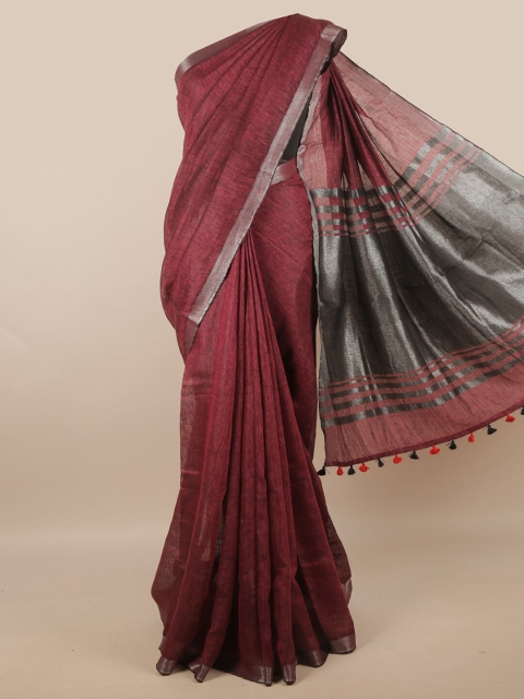 

Pothys Maroon & Silver-Toned Zari Linen Blend Saree