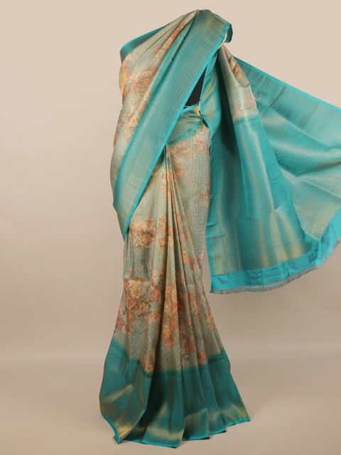 

Pothys Tan & Blue Floral Art Silk Banarasi Saree