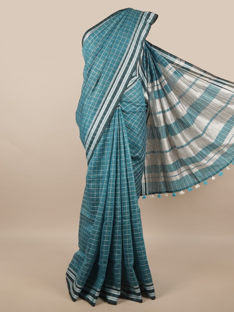 

Pothys Blue & Teal Checked Zari Linen Blend Saree