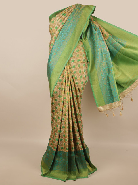 

Pothys Gold-Coloured & Green Ethnic Motifs Zari Art Silk Banarasi Saree