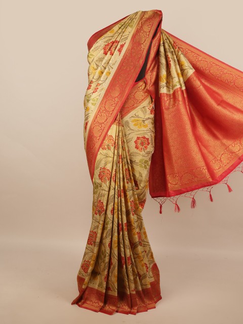 

Pothys Gold-Coloured & Red Floral Zari Art Silk Banarasi Saree