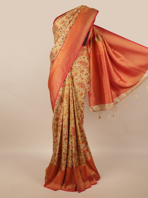 

Pothys Gold-Toned & Orange Ethnic Motifs Printed Zari Art Silk Saree