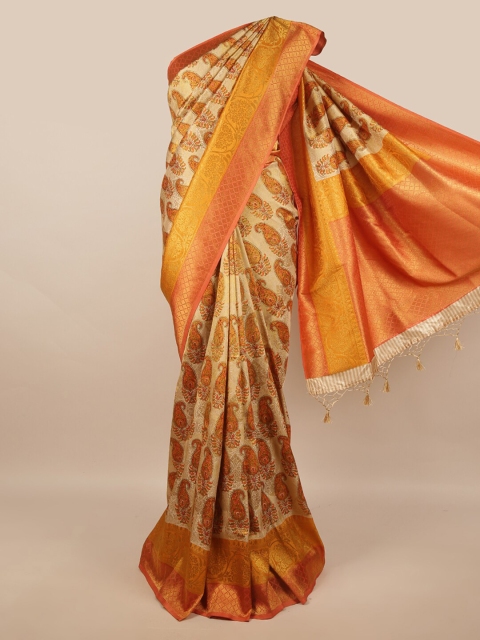 

Pothys Gold-Toned & Orange Paisley Printed Zari Art Silk Saree