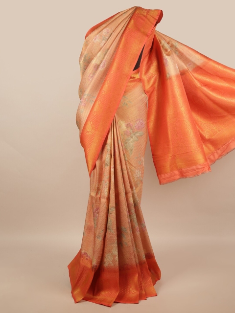 

Pothys Orange & Gold-Toned Floral Art Silk Banarasi Saree