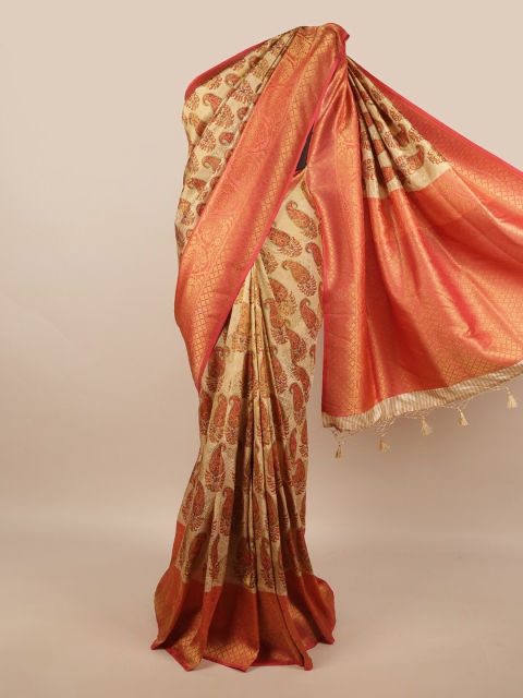 

Pothys Gold-Toned & Orange Paisley Printed Zari Art Silk Saree