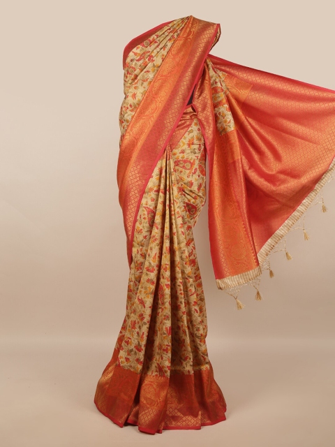 

Pothys Gold-Toned & Orange Floral Zari Art Silk Saree