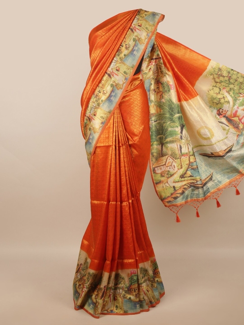 

Pothys Orange & Cream-Coloured Ethnic Motifs Zari Art Silk Banarasi Saree