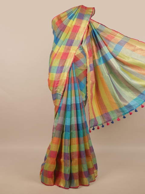 

Pothys Multicoloured Checked Zari Linen Blend Saree, Multi
