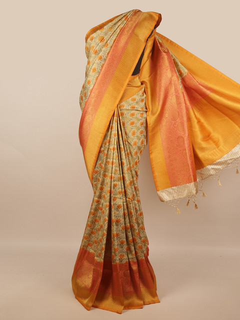 

Pothys Gold-Toned & Orange Woven Design Art Silk Banarasi Saree