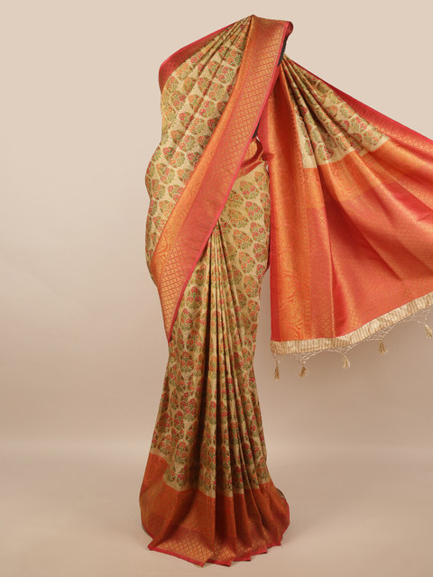 

Pothys Gold-Toned & Green Floral Art Silk Banarasi Saree