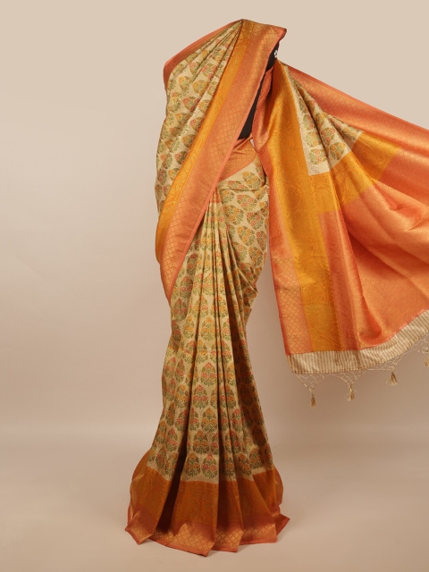 

Pothys Gold-Toned & Green Ethnic Motifs Printed Zari Art Silk Saree