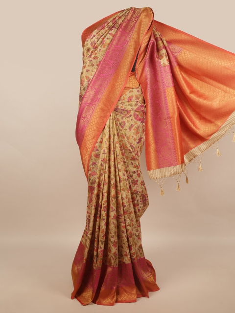 

Pothys Gold-Toned & Pink Floral Art Silk Saree