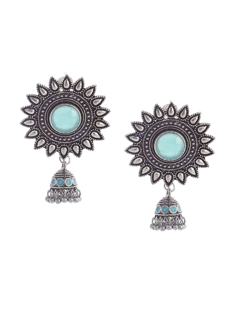 

Biba Blue Oxidised Silver-Plated Stone Studded Dome Shaped Jhumkas