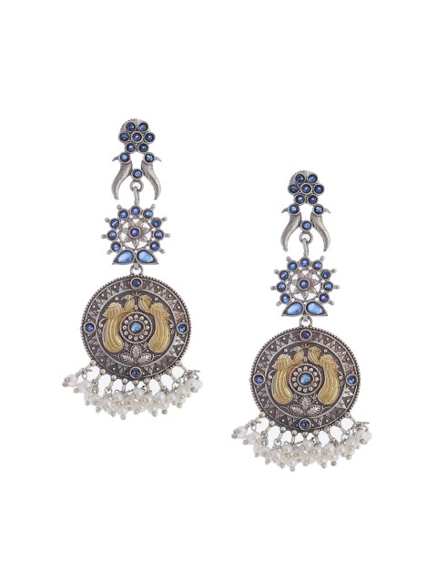 

Biba Navy Blue & White Oxidised Silver-Plated Textured Circular Drop Earrings