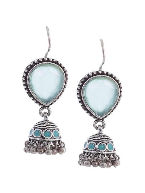 

Biba Blue Oxidised Silver-Plated Teardrop Shaped Stone Studded Jhumkas