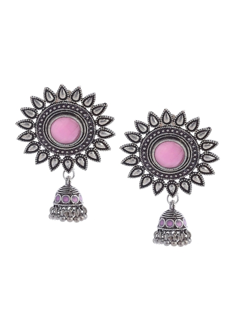 

Biba Pink Oxidised Silver-Plated Stone Studded Dome Shaped Jhumkas