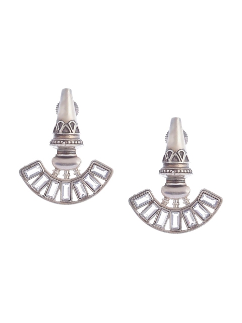 

Biba Oxidised Silver-Plated Stone Studded Contemporary Drop Earrings