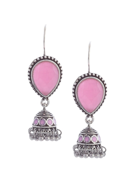 

Biba Pink Oxidised Silver-Plated Teardrop Shaped Stone Studded Jhumkas