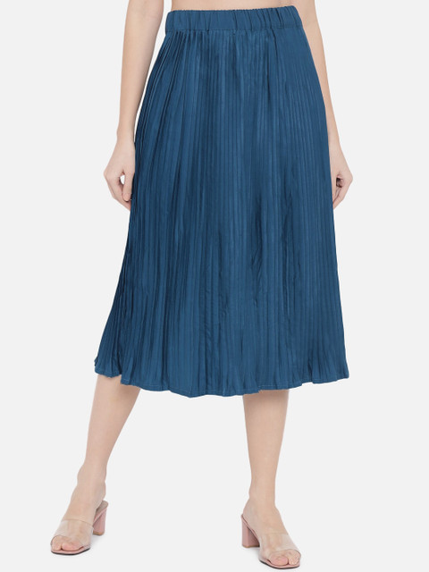 

Indietoga Women Blue Solid Accordion Pleated A-Line Midi Skirt