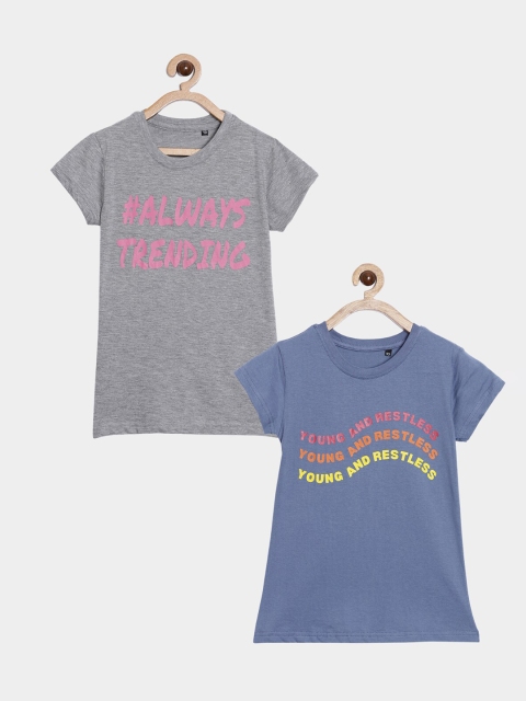 

SayItLoud Girls Grey Melange & Blue Typography 2 Printed Pure Cotton T-shirt