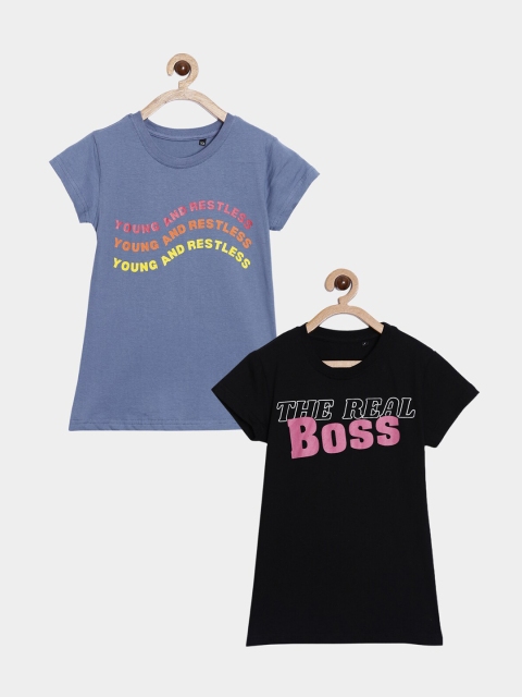 

SayItLoud Girls Blue & Black Typography 2 Printed Applique T-shirt
