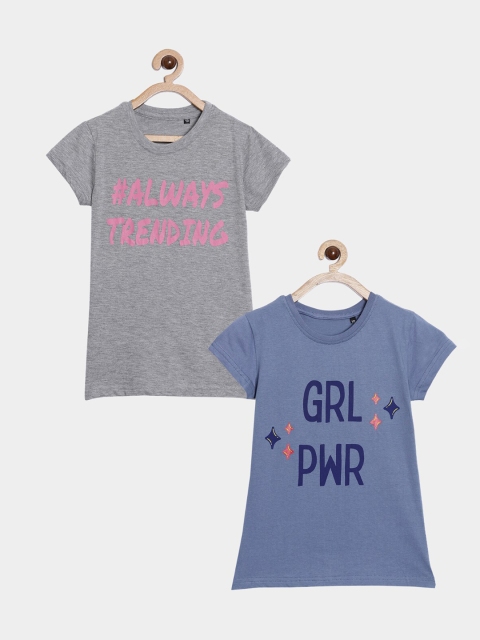 

SayItLoud Girls Pack of 2 Typography Printed Pure Cotton T-shirt, Grey melange