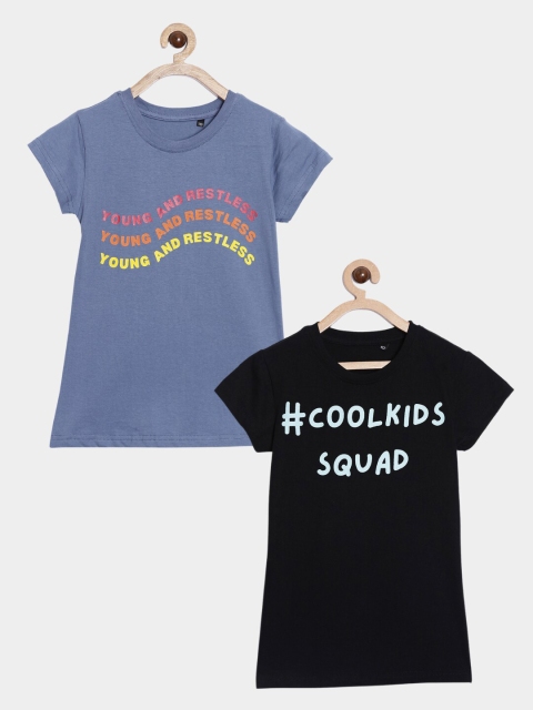 

SayItLoud Girls Pack of 2 Typography Printed Pure Cotton T-shirt, Blue
