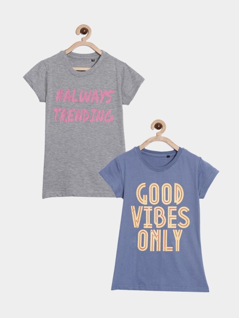 

SayItLoud Girls Grey Melange Typography 2 Printed Applique T-shirt