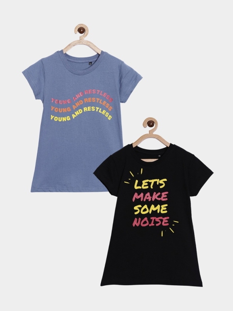 

SayItLoud Girls Blue & Black Typography 2 Printed T-shirt