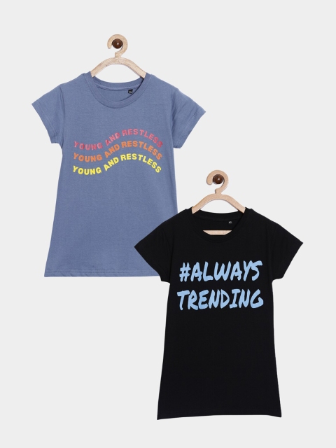 

SayItLoud Girls Blue & Black Typography 2 Printed Applique T-shirt