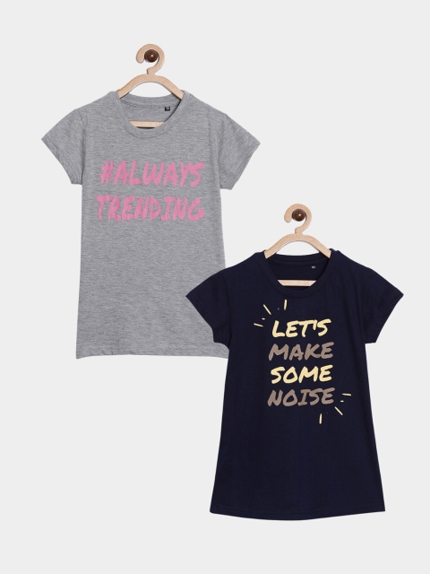 

SayItLoud Girls Grey Pack Of 2 Melange & Navy Blue Typography Printed T-shirt, Grey melange