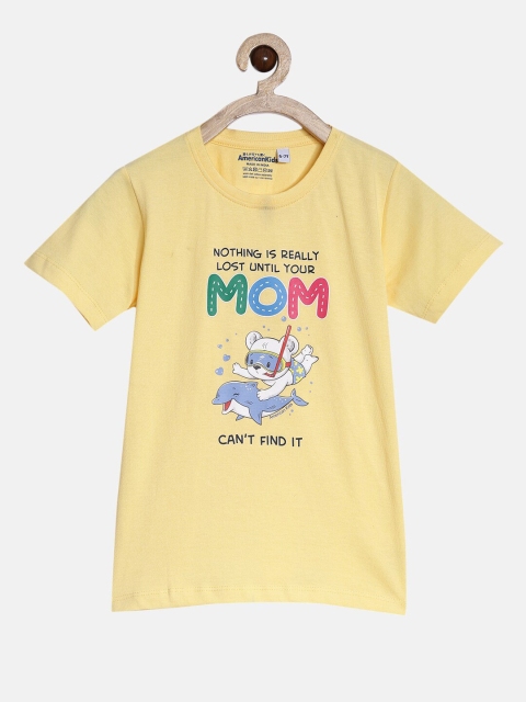 

American Kids Kids Yellow & Pink Printed Round Neck Pure Cotton T-shirt