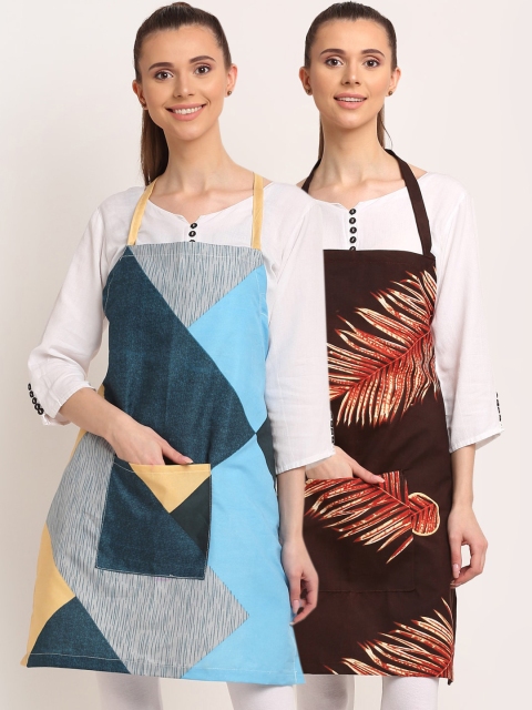 

TAG 7 Pack Of 2 Brown & Blue Printed Aprons with Pockets & Napkins