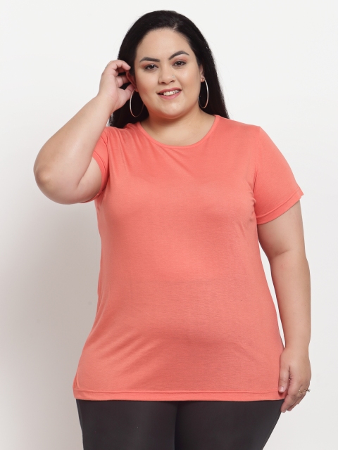 

plusS Women Peach-Coloured High Neck Pockets T-shirt