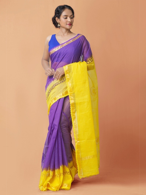 

Unnati Silks Violet & Yellow Ethnic Motifs Zari Pure Cotton Kota Saree