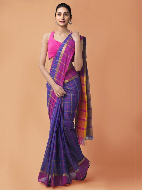 

Unnati Silks Violet & Fuchsia Checked Zari Pure Cotton Mangalagiri Saree