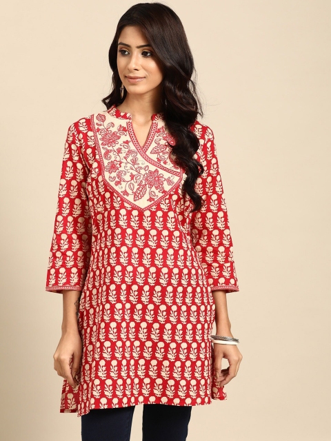 

RANGMAYEE Red & Beige Floral Printed Thread Work Pure Cotton Thread Work Kurti