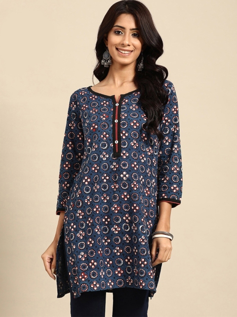 

RANGMAYEE Women Blue & White Printed Pure Cotton Straight Kurti