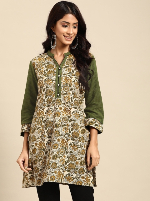 

RANGMAYEE Green & Off-White Floral Block Printed Pure Cotton Kurti