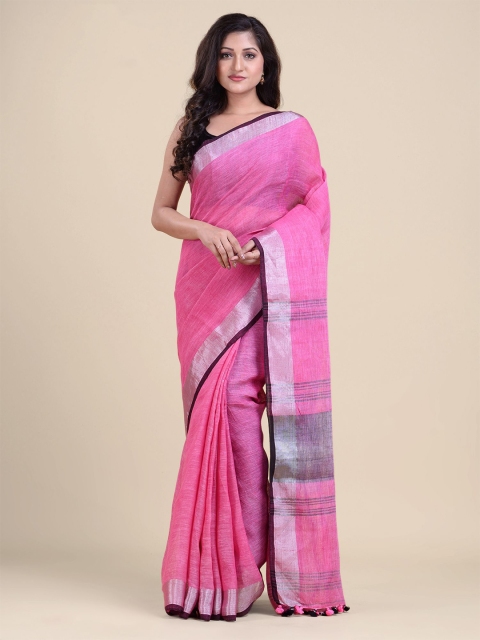 

Charukriti Pink & Silver-Toned Zari Pure Linen Saree
