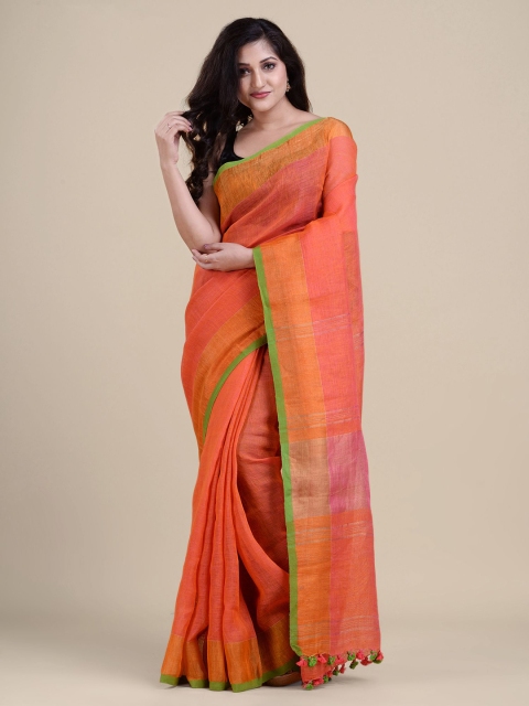 

Charukriti Orange Solid Handwoven Soft Linen saree