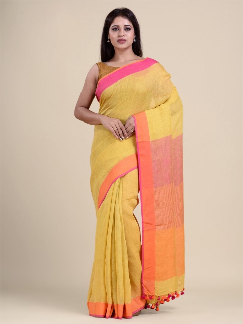 

Charukriti Yellow & Orange Pure Linen Saree