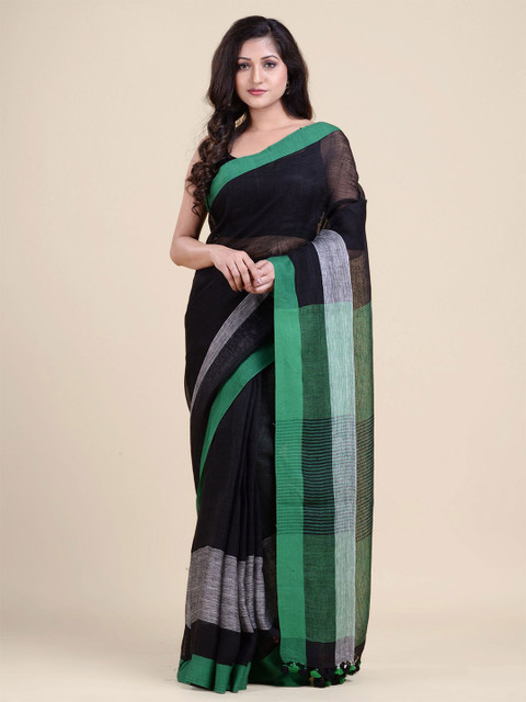 

Charukriti Black & Green Pure Linen Saree