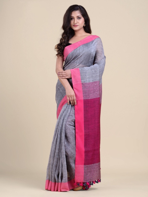 

Charukriti Grey & Pink Solid Handwoven Soft Linen saree