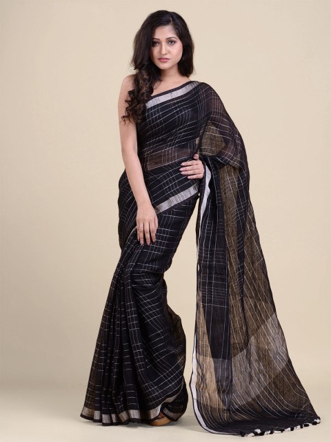 

Charukriti Black & Silver-Toned Checked Handwoven Soft Linen saree